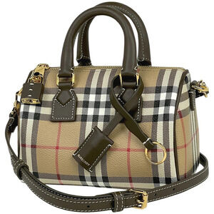 Burberry Check Bowling Bag Shoulder Handbag Canvas Brown White